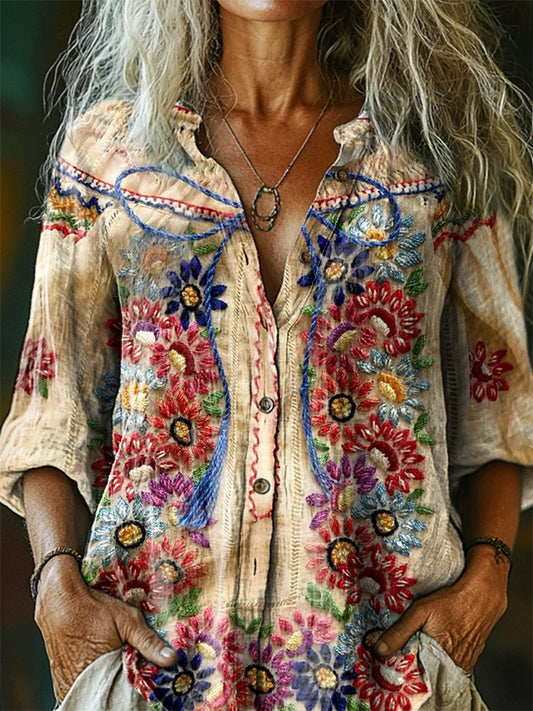 Women's Vintage Floral Pattern Art Print Casual Cotton Linen Shirt