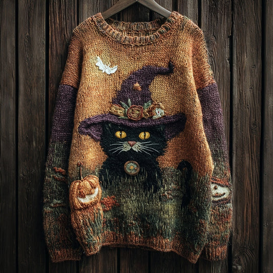 Comstylish Halloween Witch Black Cat Vintage Cozy Knit Sweater