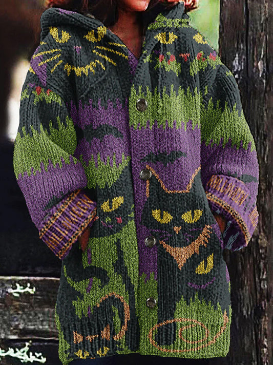 Women's Halloween Spooky Cat Embroidery Knitted Cardigan Sweater elevenforest