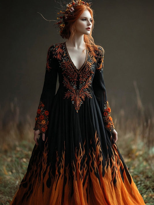 Comstylish Vintage Flame Inspired Embroidered Flowy Linen Maxi Dress