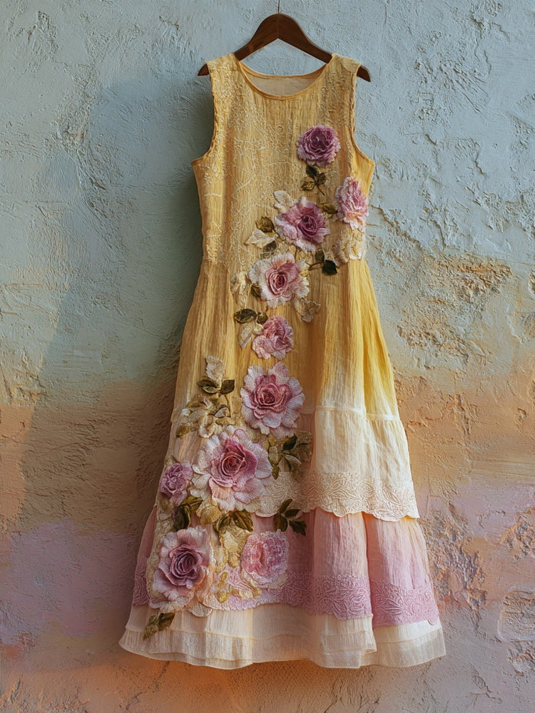 Vintage Pink Rose Embroidered Gradient Linen Maxi Dress artswardrobe