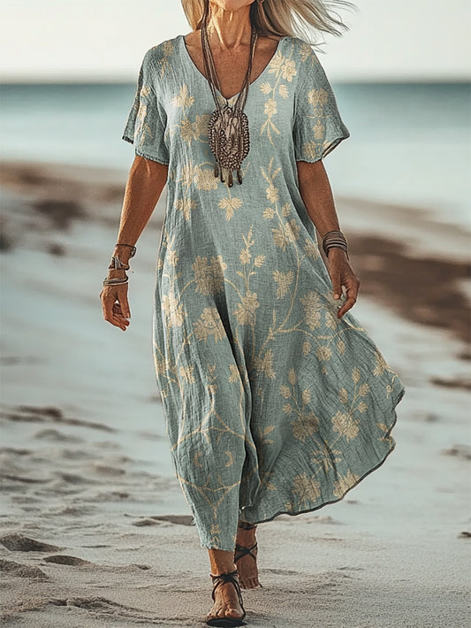 Women's Simple Flower Art Print V Neck Pocket Cotton Dress