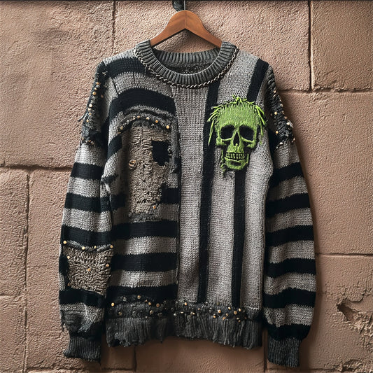Halloween Green Hair Skull Studded Striped Knit Sweater artswardrobe