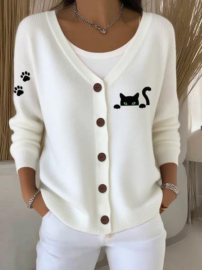 Women's Cute Cat Print Casual Knitted Cardigan elevenforest