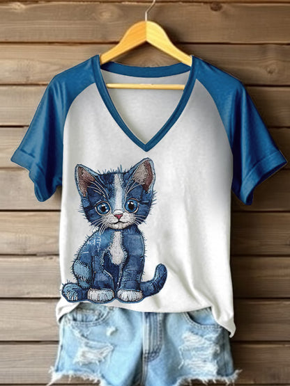 Women's Retro Funny Denim Patch Animal Cat Print Raglan Short Sleeve T-shirt artswardrobe