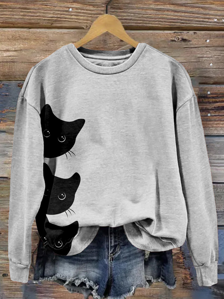 Peeking Black Cats Pattern Vintage Cozy Sweatshirt elevenforest
