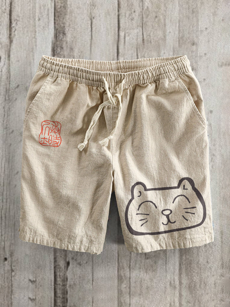 Japanese Art Cat Pattern Cotton Linen Casual Shorts elevenforest