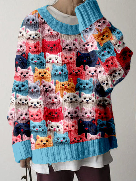 Colorful Cute Cats Pattern Cozy Knit Sweater elevenforest