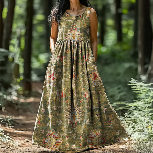Women's Floral Embellished Pattern Art Print Round Neck Vest Dresses