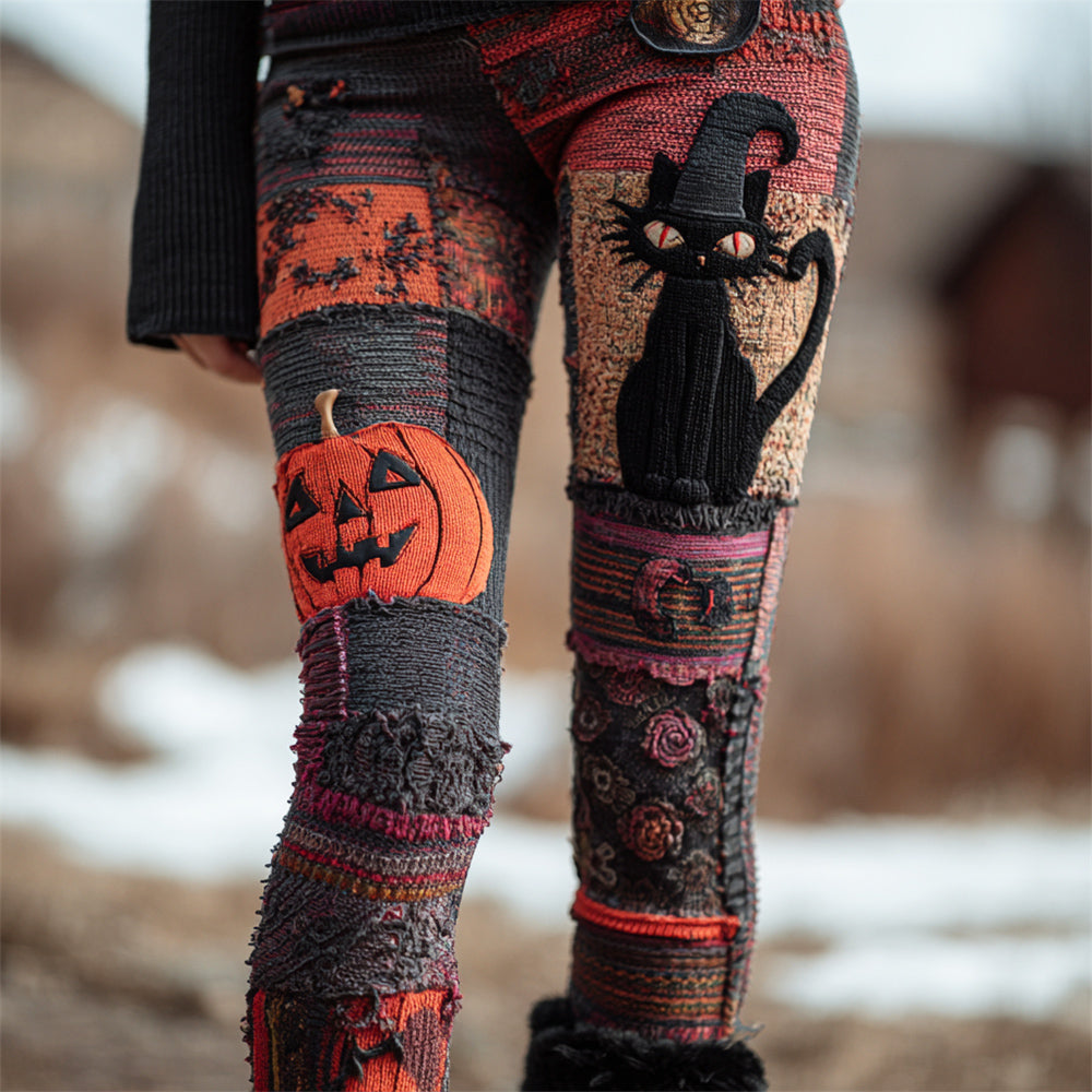Halloween Black Cat & Pumpkin Patchwork Art Women's Knit Leggings elevenforest