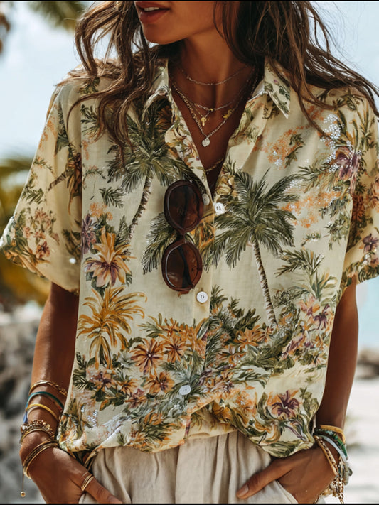 Comstylish Hawaiian-style Floral Lapel Short-sleeved Shirt
