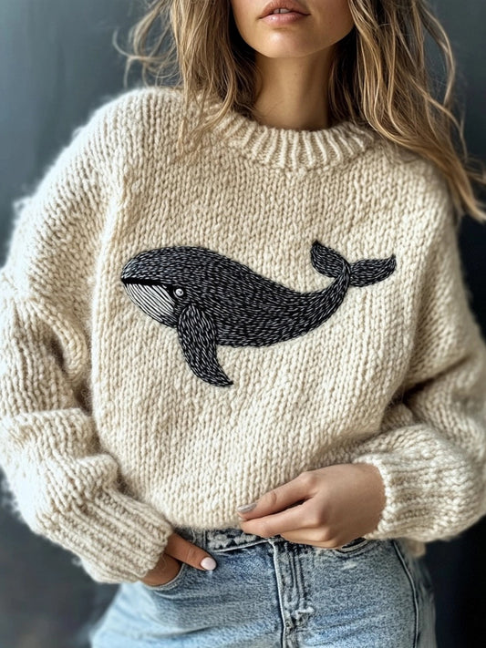 Cute Whale Embroidery Vintage Cozy Knit Sweater artswardrobe
