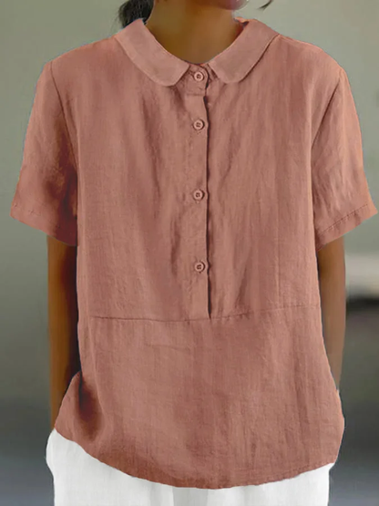 LM | Santorini - Women's plain-colored casual shirt with a round neckline and buttons.