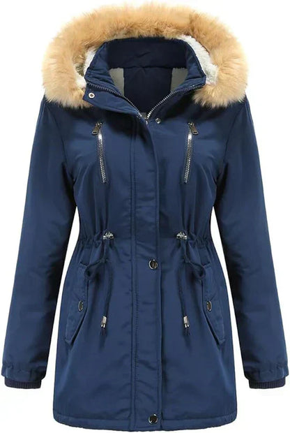 LM | long coat with faux fur hood and fleece lining