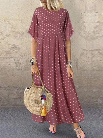 LM | Polka Dot Ladies Midi Dress Bohemian Vacation Short Sleeve O-Neck Long Robe Vintage Loose Casual A-line Vestidos Summer