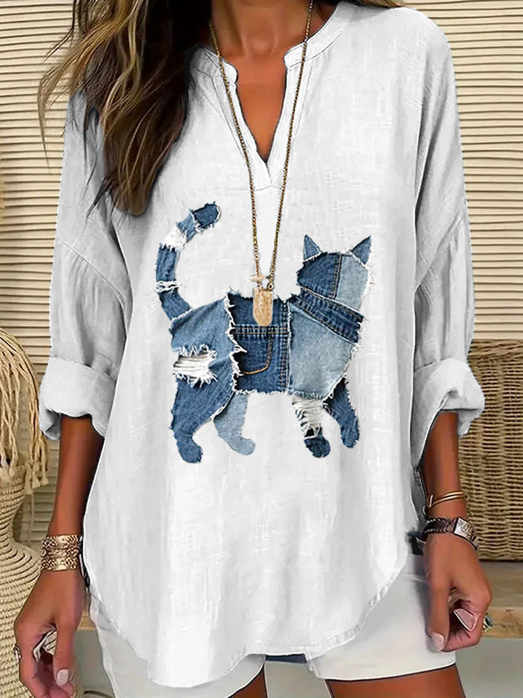 Women's Casual Funny Denim Cat Print T-shirt elevenforest