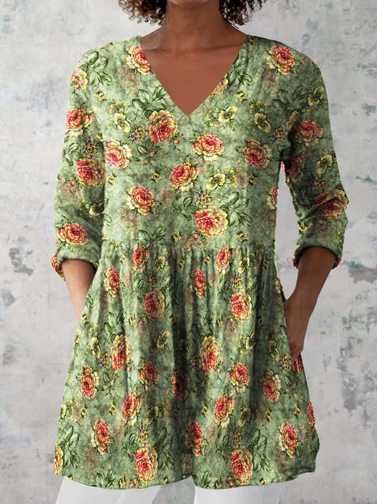 Women's Retro Floral Art Print Casual Cotton And Linen V-neck Top
