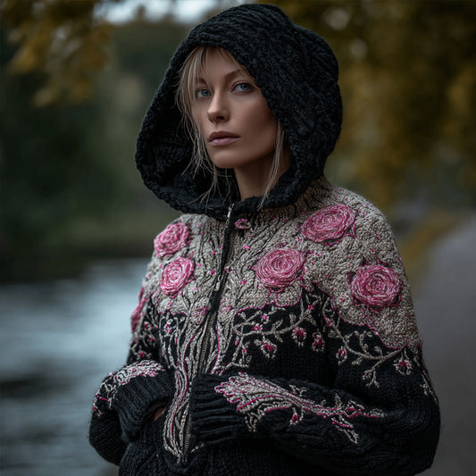 Women's Viking Style Tree Of Life And Flower Hooded Cardigan Sweater artswardrobe