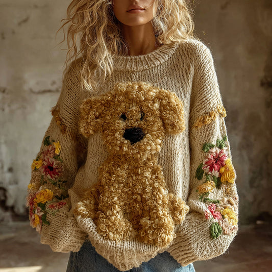 Vintage Toy Poodle With Floral Felt Art Inspired Embroidered Cozy Knit Sweater elevenforest