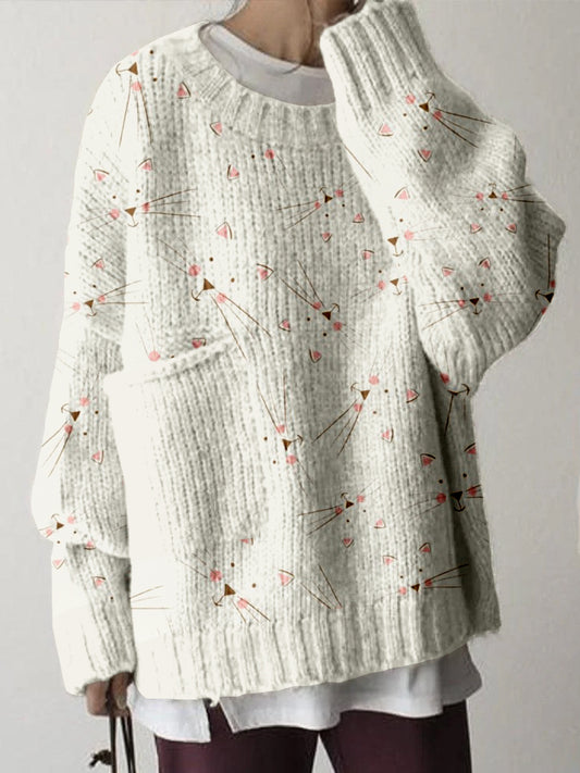 Lovely Kitty Faces Pattern Big Pocket Cozy Sweater elevenforest