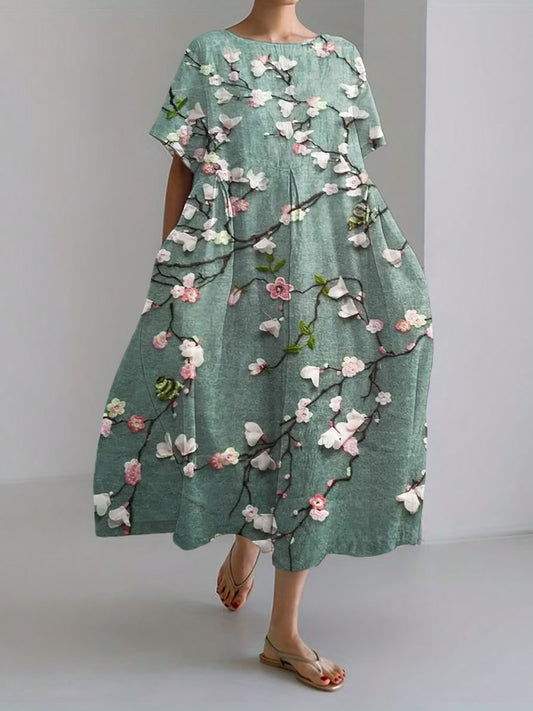 Comstylish 3D Floral Embroidered Lace Linen Blend Maxi Dress