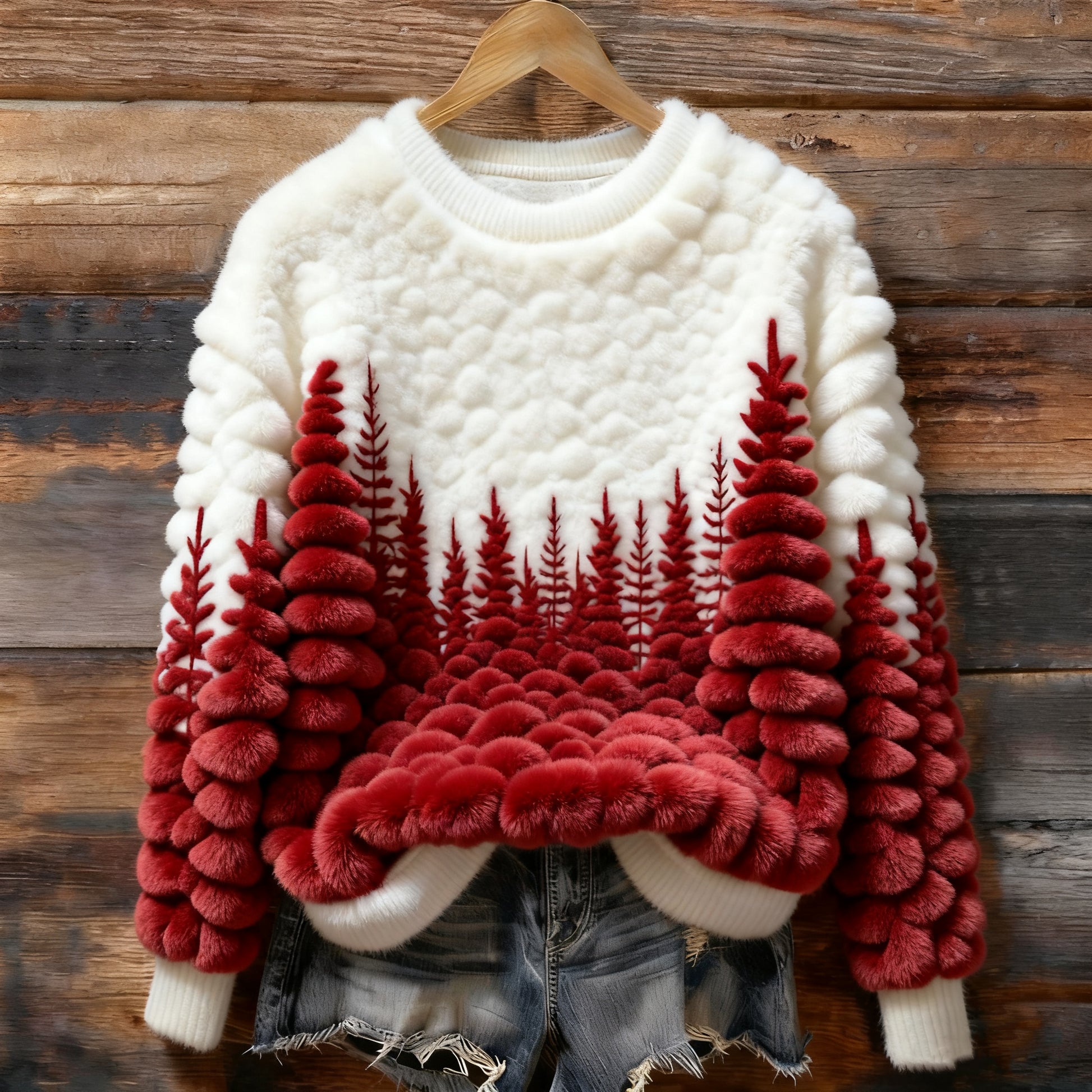 Comstylish Christmas Tree Patterned Plush Pullover Sweatshirt
