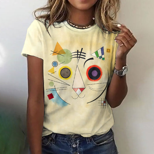 Fun Geometry Pop Art Cat Expression Color T-shirt elevenforest