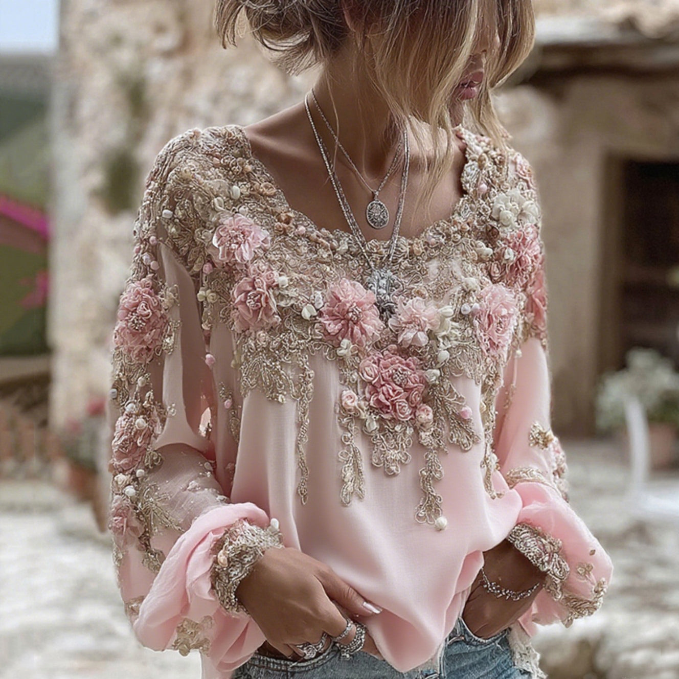 Women's Pink Rose Embroidery Art Round Neck Long Sleeve Linen Blend T-shirt artswardrobe