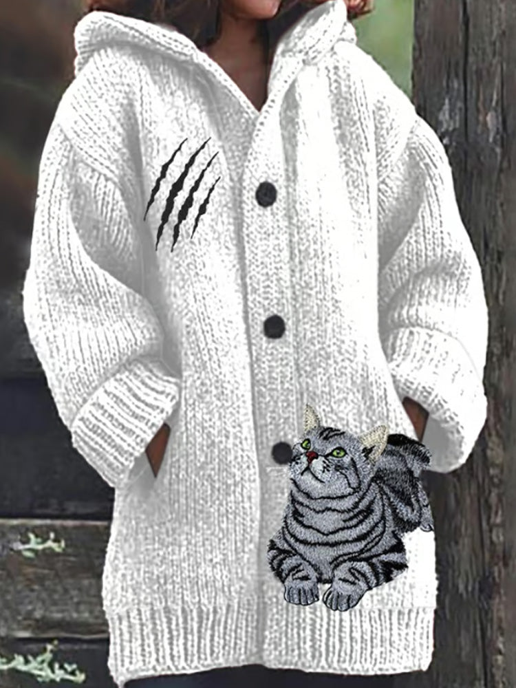 Women's Retro Funny Animal Cat Print Cozy Knitted Hoodie Jacket elevenforest