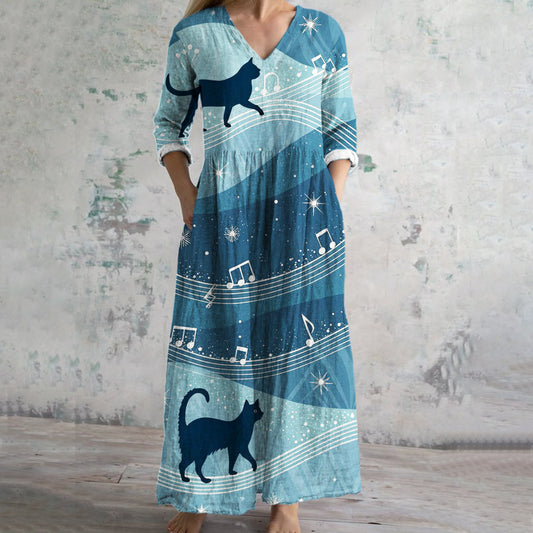 Music & Cat Print Women's Linen Maxi Dress elevenforest