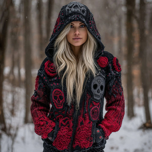 Women's Vintage Skull Art Knit Zip Up Hooded Sweater elevenforest