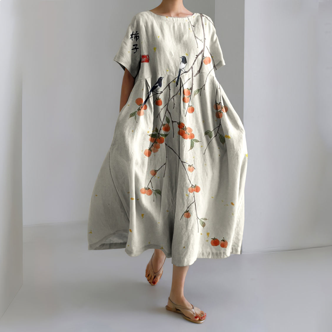 Comstylish Japanese Art Persimmon Linen Blend Short Sleeve Maxi Dress