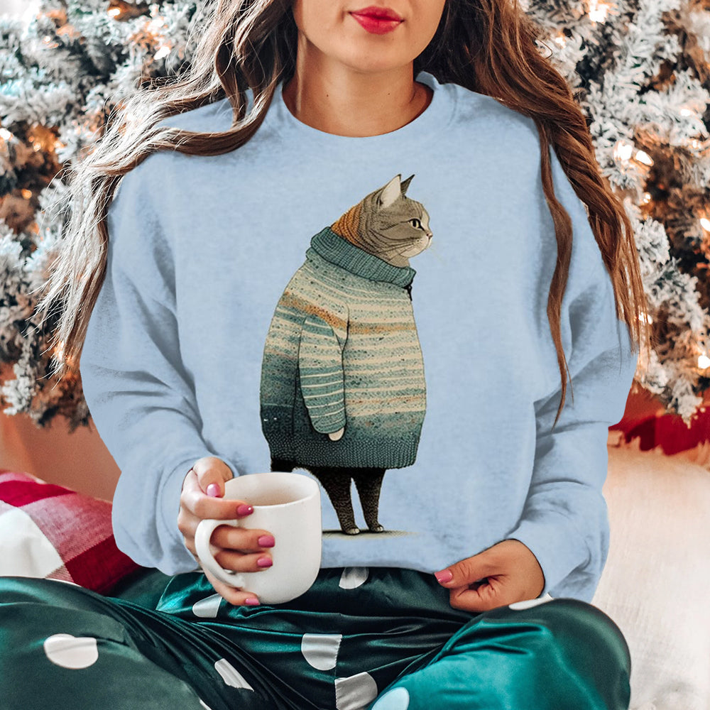 Comstylish Vintage Cat Print Round Neck Long Sleeve Sweatshirt