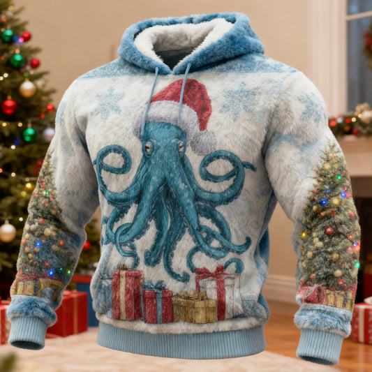Comstylish Men's Vintage Japanese Octopus Art Christmas Ugly Plush Hoodie