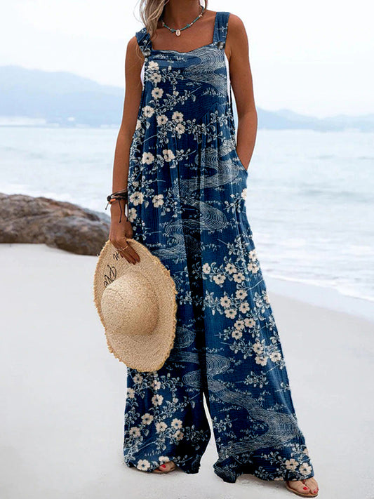 Comstylish Japanese Floral Art Pattern Linen Blend Comfy Jumpsuit