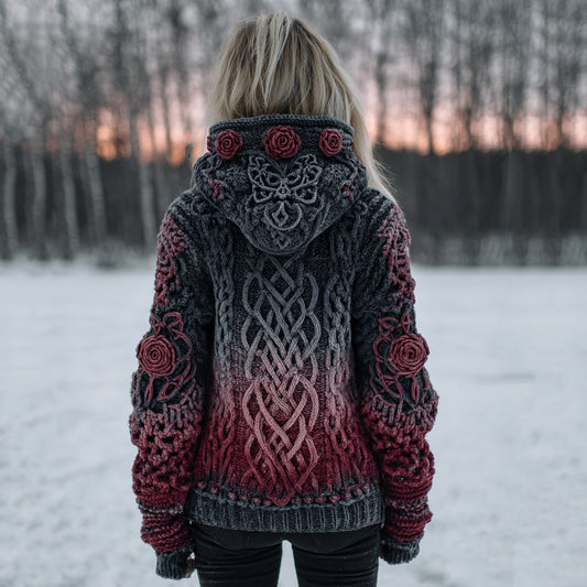 Women's Vintage Celtic Knot Jacquard Gradient Hooded Aran Sweater elevenforest