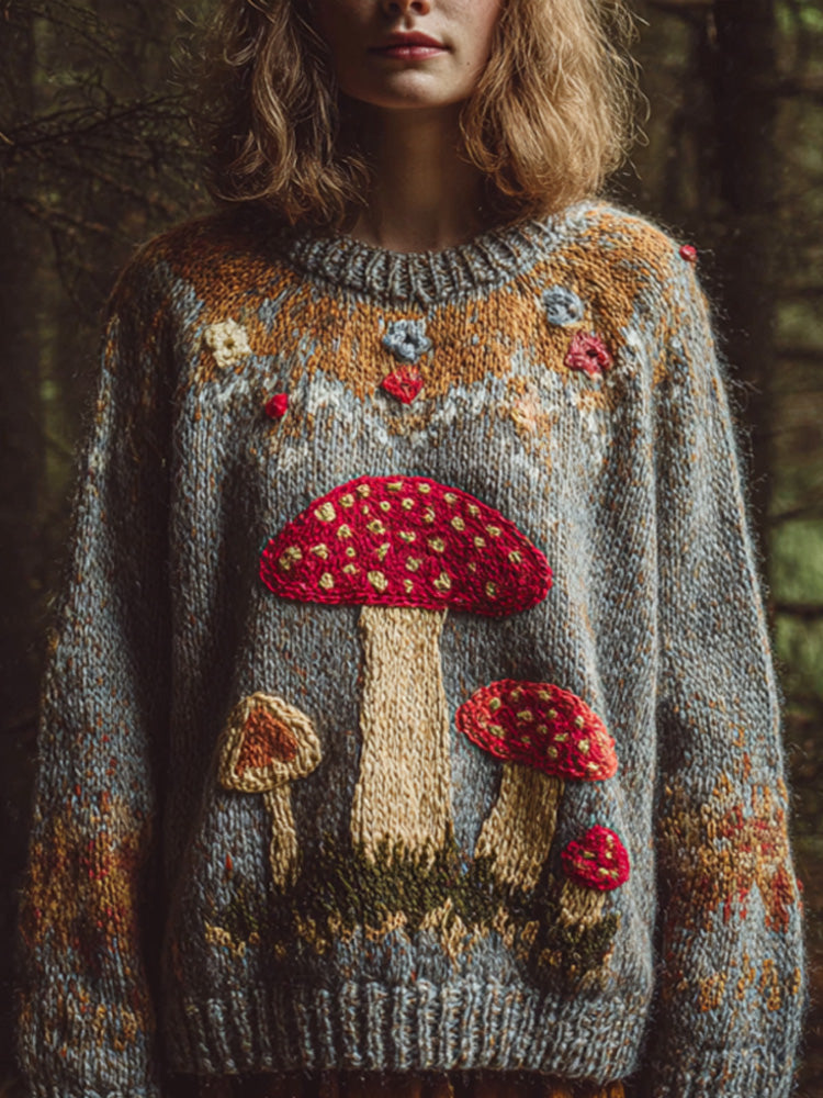 Comstylish Women's Retro Mushroom Print Crew Neck Sweater