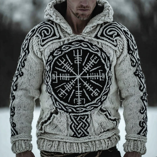 Men's Viking Compass Celtic Chunky Knit Hooded Sweater artswardrobe