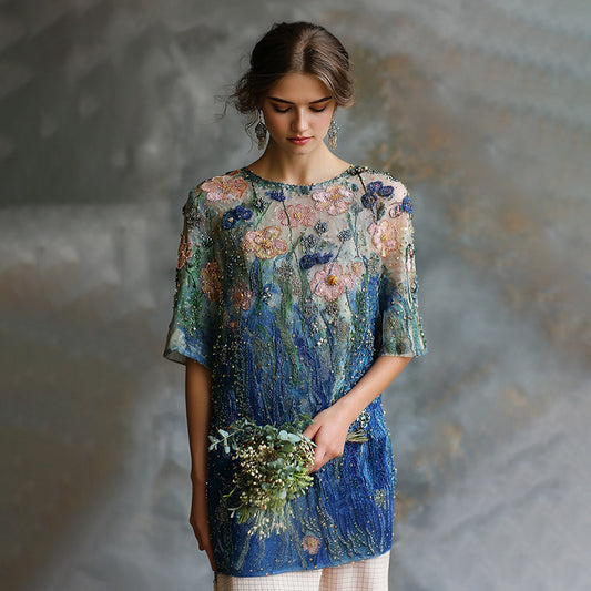 Women's Oil Painting Floral Contrast Color Sequined T-shirt artswardrobe