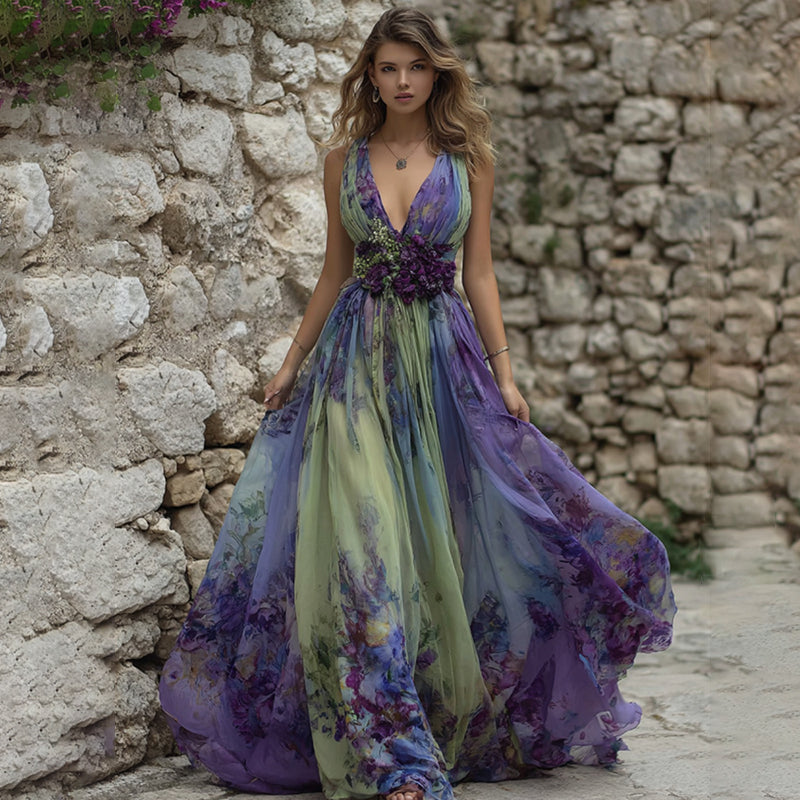 Vintage Gradient Purple Floral Embroidered Sleeveless Maxi Dress artswardrobe