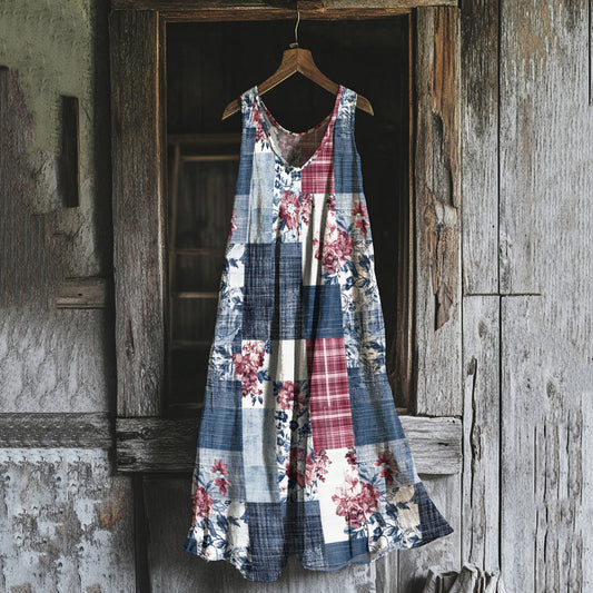Women's Vintage Independence Day Floral Art Linen Maxi Dress artswardrobe