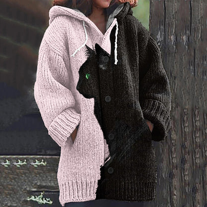 Black Cat Pattern Women's Hooded Cardigan elevenforest