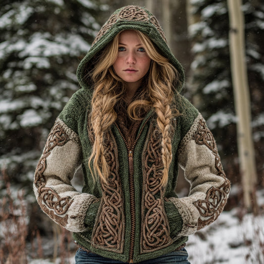 Women's Viking Celtic Knot Contrasting Art Cozy Knit Zip Up Hooded Sweater artswardrobe