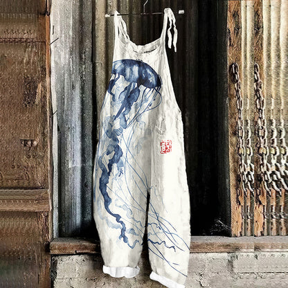 Comstylish Japanese Art Jellyfish Print Casual Linen Blend Jumpsuit
