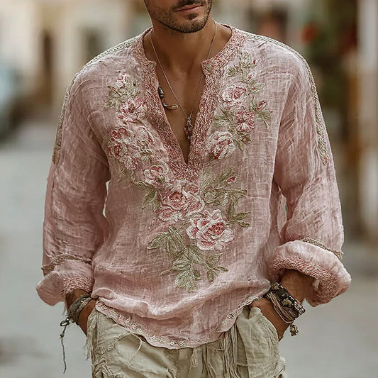 Men's Vintage Floral Embroidery Linen Shirt artswardrobe