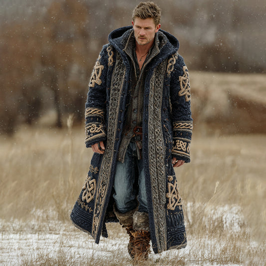 Men's Viking Celtic Knot Art Mid-length Chunky Knit Cardigan Sweater artswardrobe