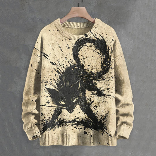Men's Cute Neurotic Splashed Ink Black Cat Japanese Art Print Knit Sweater elevenforest