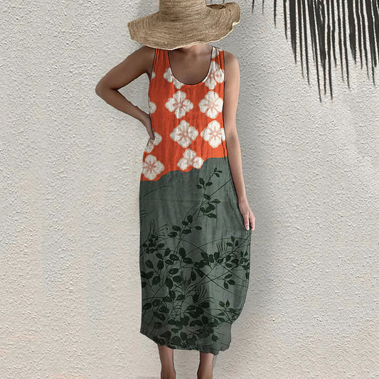 Comstylish Japanese Art Flower Print Sleeveless Casual Linen Blend Midi Dress