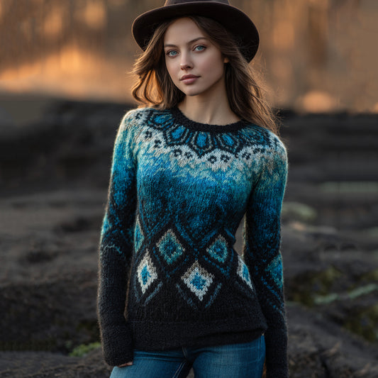 Women's Retro Icelandic Geometric Gradient Pattern Cozy Knit Sweater elevenforest