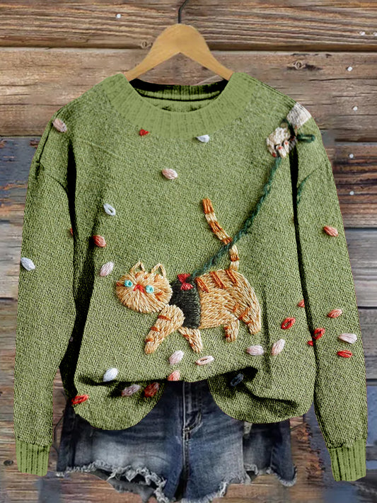 Cute Cat Embroidered Crew Neck Cozy Sweater elevenforest
